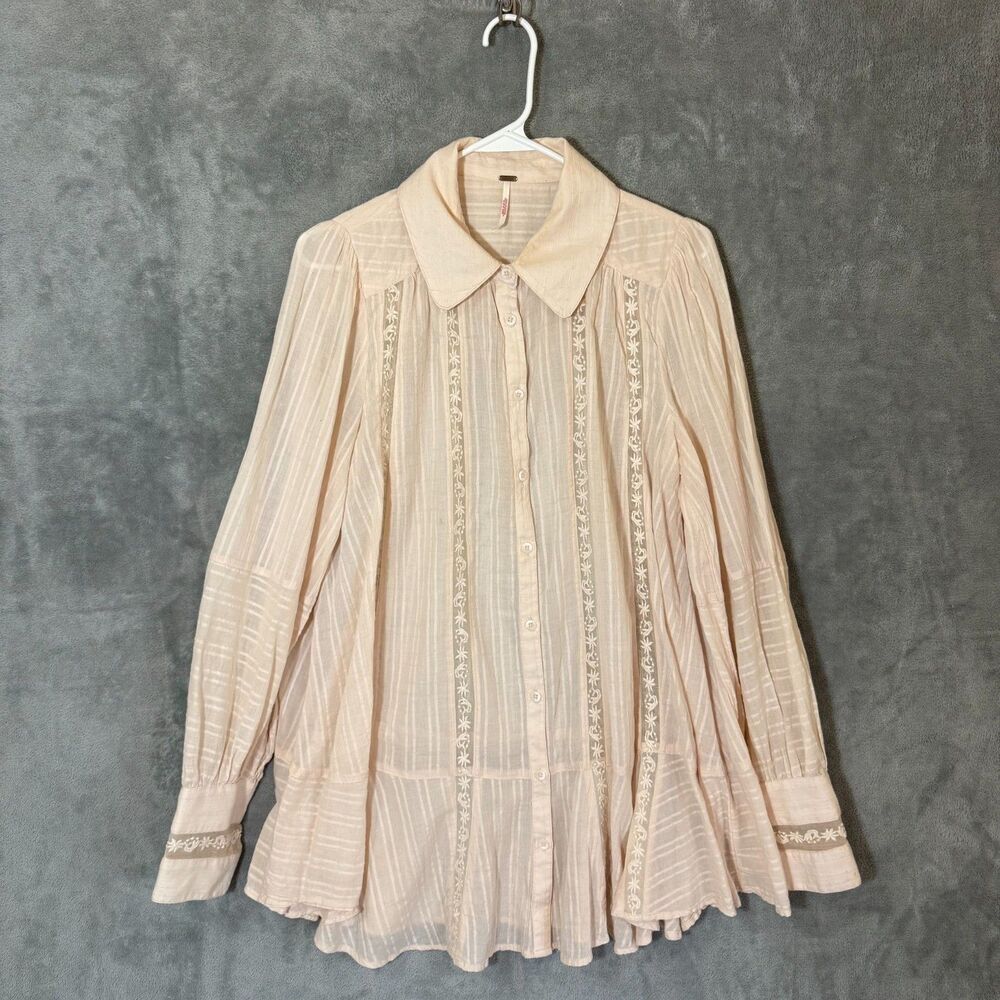 Free People Top Cream Gauze Boho Blouse Women S Pintuck Eyelet Cottagecore Butto